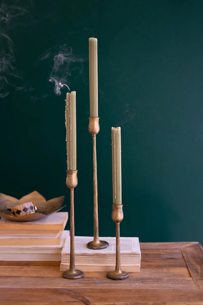 Antique Brass Finish Metal Taper Candle Holders – 2x Set of 3 (Set of 3) | Wayfair North America