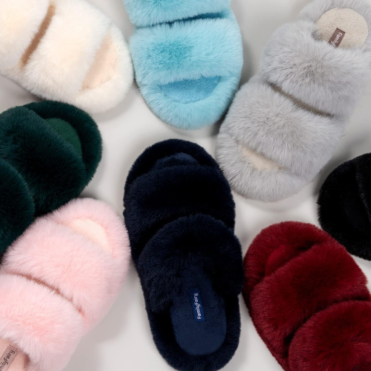 FamilyFairy Women's Fluffy Faux Fur Slippers Comfy Open Toe Two Band Slides with Fleece Lining an... | Amazon (US)