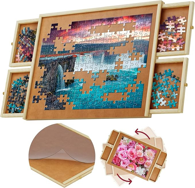 1000 Piece Wooden Jigsaw Puzzle Board - 4 Drawers, Rotating Puzzle Table | 30” X 22” Jigsaw P... | Amazon (US)