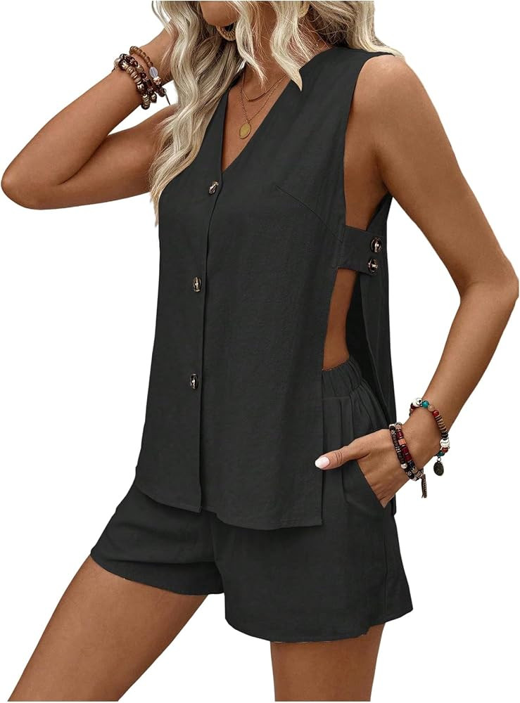 Women's 2 Piece Travel Outfits Cut Out Button Down Vest Wide Leg Shorts Matching Sets Vacation Ou... | Amazon (US)