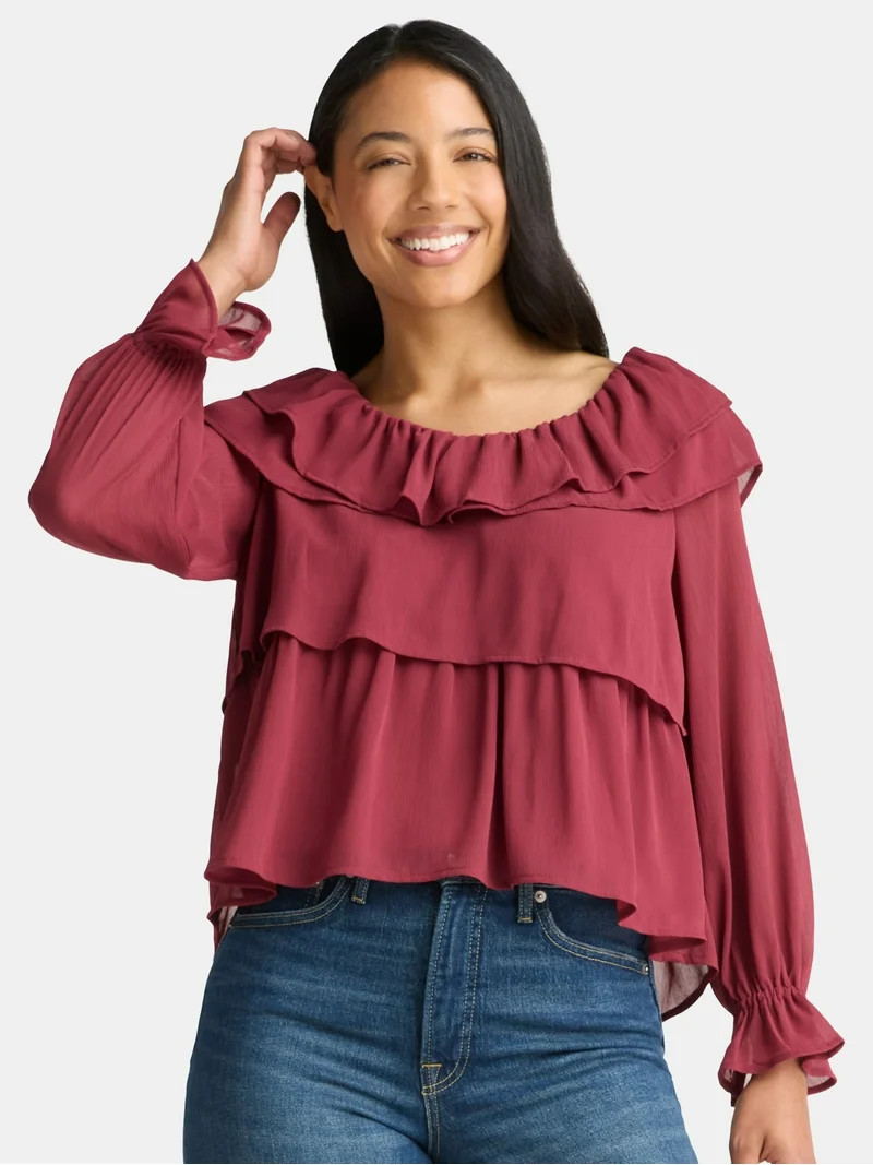 Time and Tru Blusa de Mujer con Cuello Volante y Manga Larga, Tallas XS-3XL | Walmart (US)