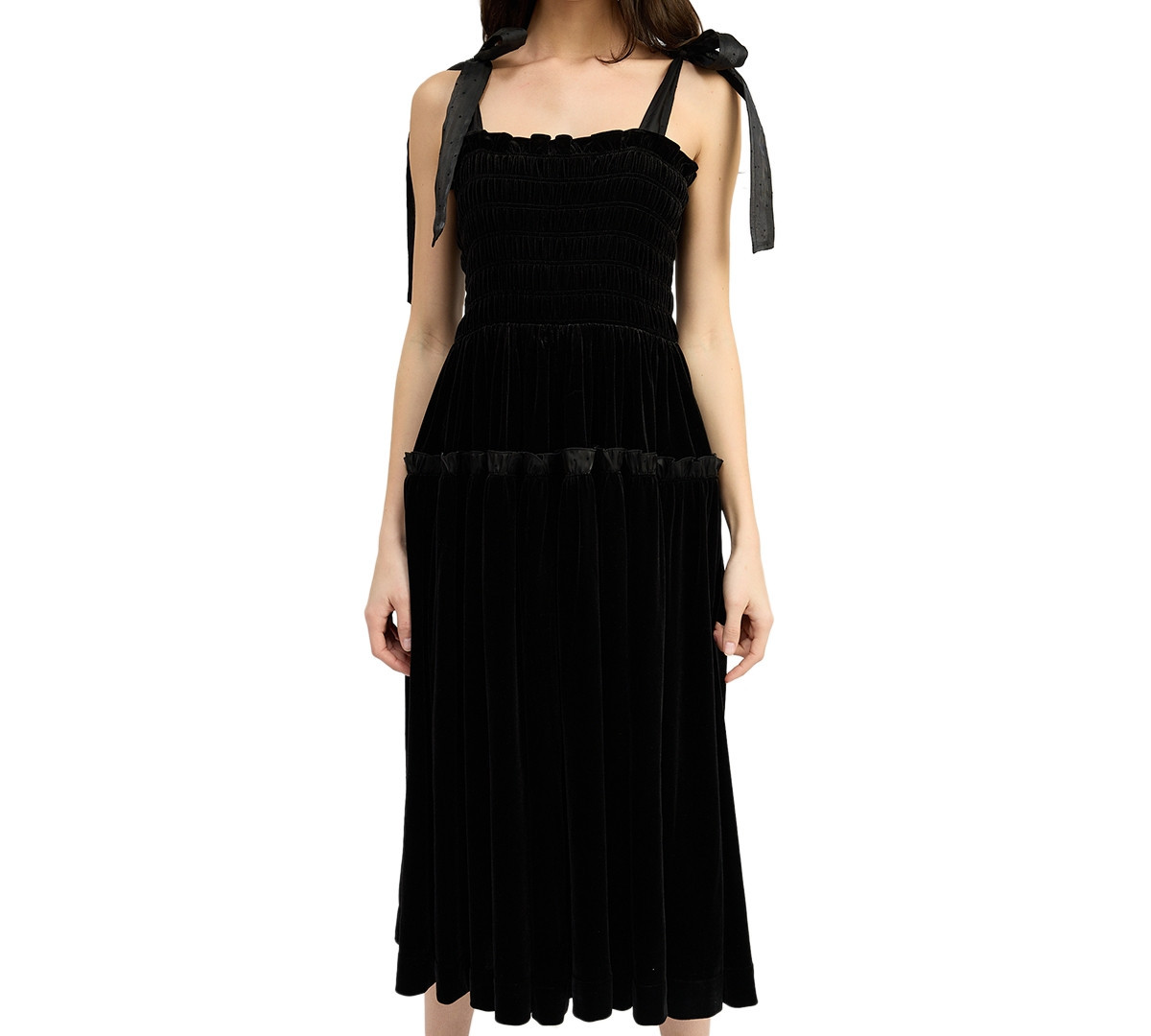 En Saison Women's McKenna Smocked Tie-Shoulder Midi Dress - Black | Macy's