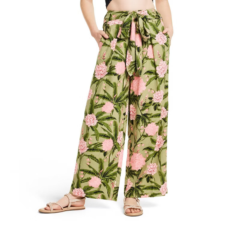 Women's Large Peony Print Wide Leg Pants - Agua Bendita x Target Dark Olive/Blush | Target