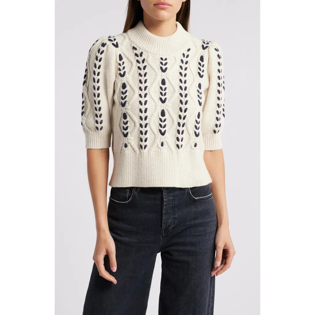 Rails Addy Textured Elbow Sleeve Sweater in Oatmeal Navy Cables at Nordstrom, Size X-Large | Nordstrom
