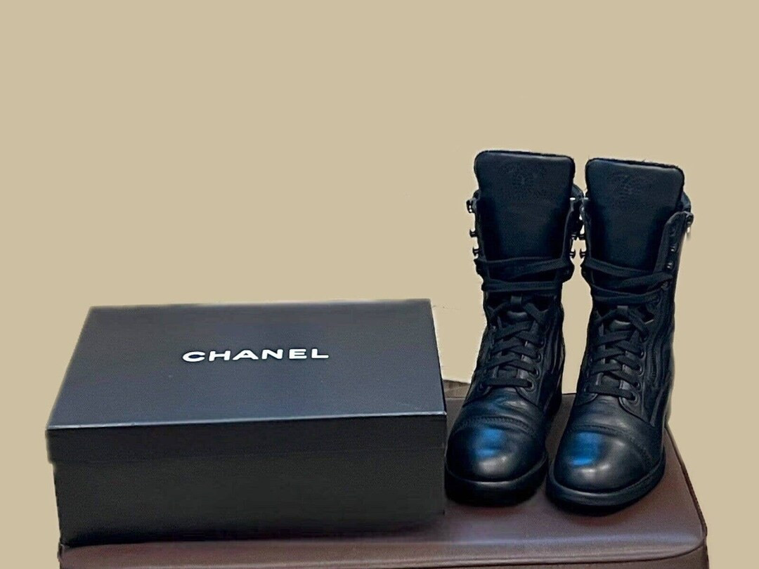 Chanel Lace up Combat Boots Black Quilted Leather  Size 38.5 - Etsy | Etsy (US)