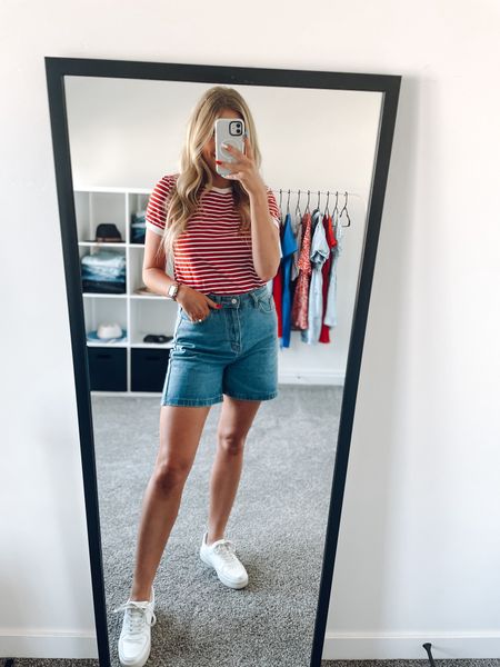 4th of July outfit!
Red and white striped tee: wearing Small
Jean shorts: true to size, love the mid length 
White sneakers: I prefer my true size in wide fit 



#LTKFindsUnder50 #LTKFindsUnder100 #LTKSeasonal