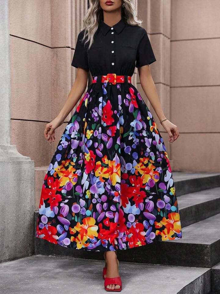 Floral Print Half Button Belted Shirt Dress | SHEIN