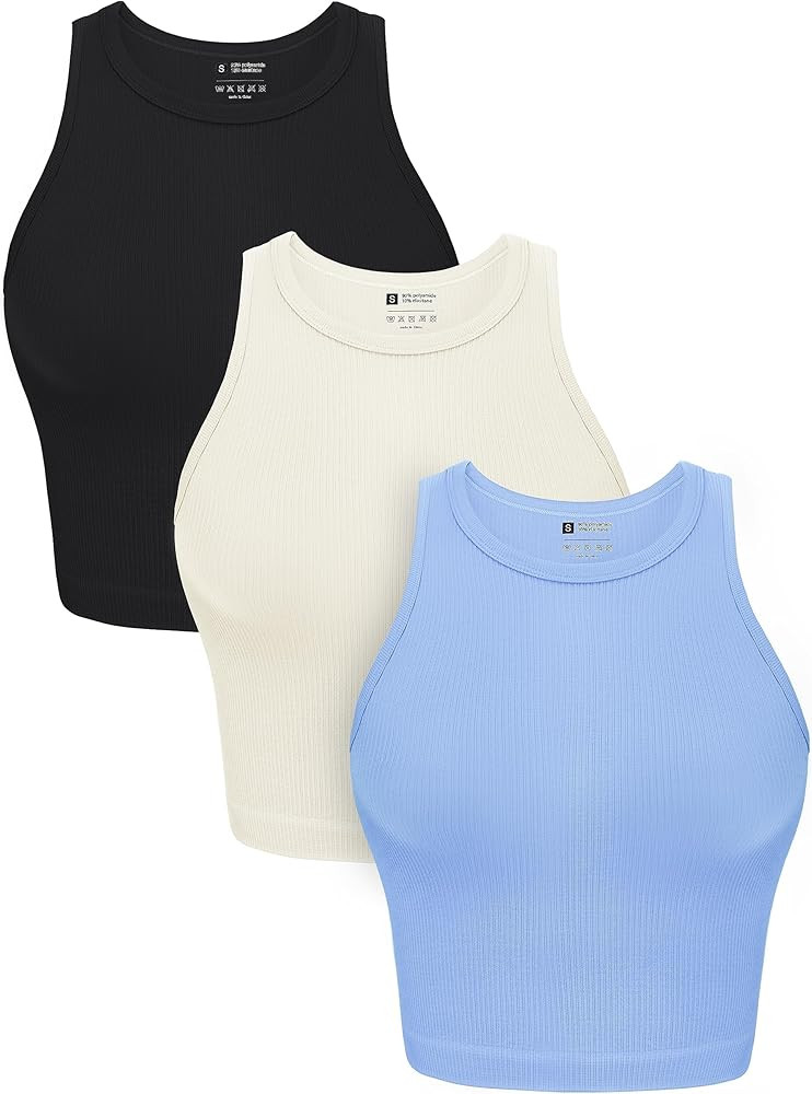 OLCHEE Womens 3 Pack Crop Tank Tops Basic Seamless Ribbed Round High Neck Racerback Workout Top S... | Amazon (US)