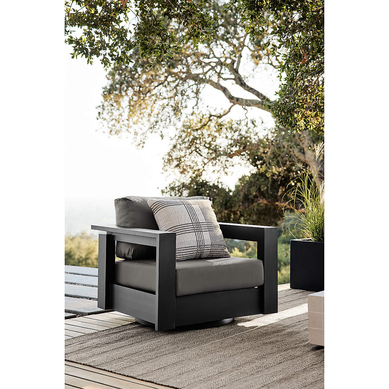 Walker Metal Outdoor Swivel Lounge Chair with Canvas Charcoal Sunbrella Cushions + Reviews | Crat... | Crate & Barrel