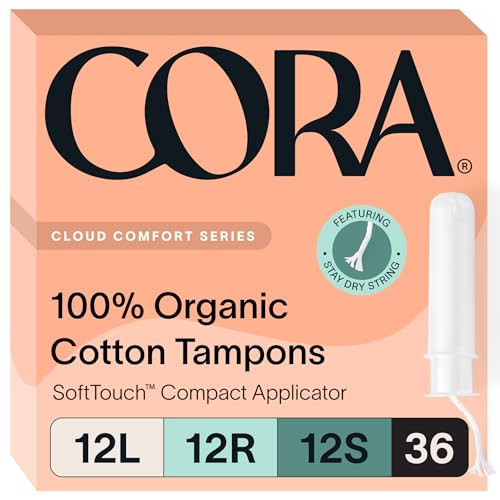 Cora Organic Applicator Tampon Multipack | 12 Light, 12 Regular, 12 Super Absorbency | 100% Organic Cotton, Unscented, BPA-Free Compact Applicator | Leak Protection, Easy Insertion | 36 Total | Amazon (US)