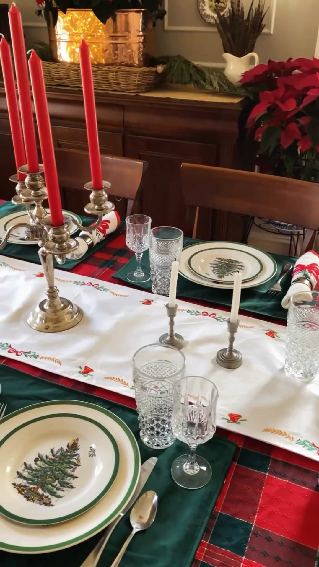 A little tour of our dining room this Christmas.

The busyness of Christmas when our kids were small was, frankly, overwhelming. Ken worked nights, weekends, and holidays, so the magic of Christmas fell on my shoulders. Now that our kids are grown, I am so happy to continue to creating magic for them. Our home is too quiet when they’re not around. I also came to realize that while Ken was busy working holidays, he missed out on experiences with them. He absolutely loves Christmas, so any opportunity I get to decorate our home for Christmas is worth it.

Sources:
90s vintage tablecloth - thrifted 
Napkin rings - @lexingtonvintage 
Candelabra- @athensantiqueandvintage 
Plates - @macys  and @queenofheartsantiques 
Runner and placemats - @kirklands  last year
Napkins - @kirklands this year
Twinkling tree - @homedepot 
See something else not listed? Just ask!

#christmasdining #christmasdecor #spodechristmastree #tablescapestyling #southernhome