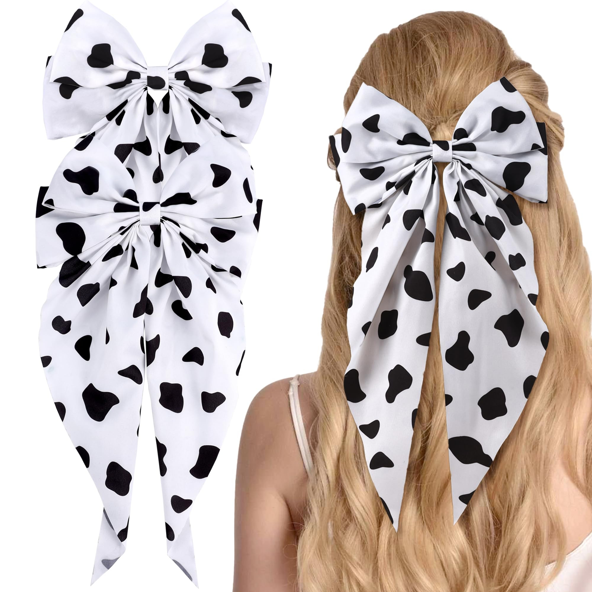 2 PCS 7In Cow Hair Bows Clips for Women Girls, Big Cow Print Long Tail White Black Hair Bow Large... | Amazon (US)