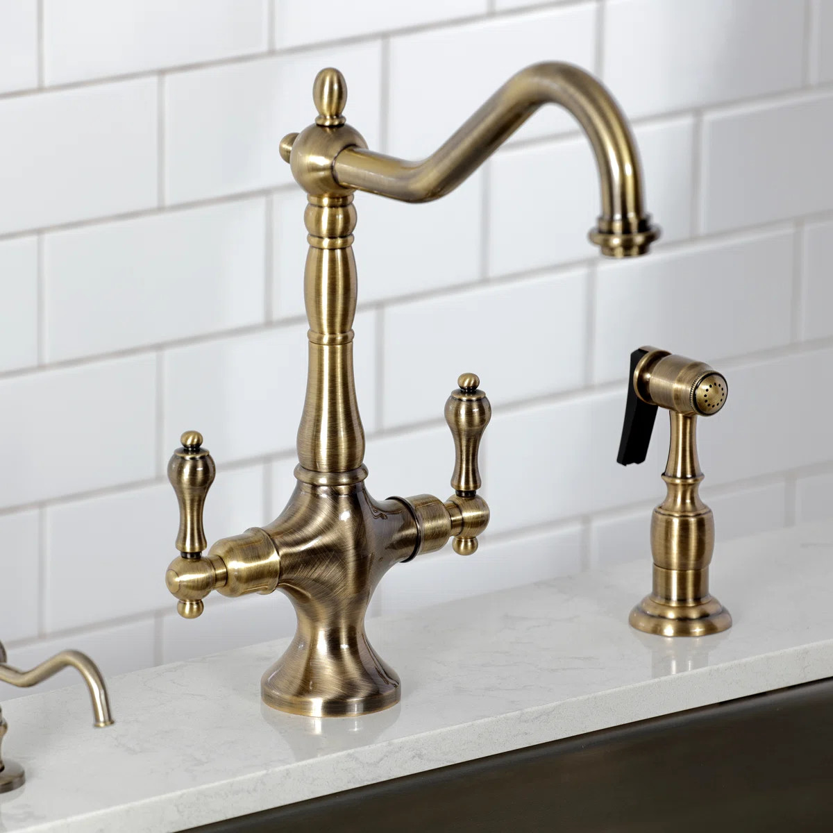 Kingston Brass Heritage Two-Handle 2-Hole Deck Mount Kitchen Faucet with Brass Sprayer KS1773ALBS | Wayfair North America