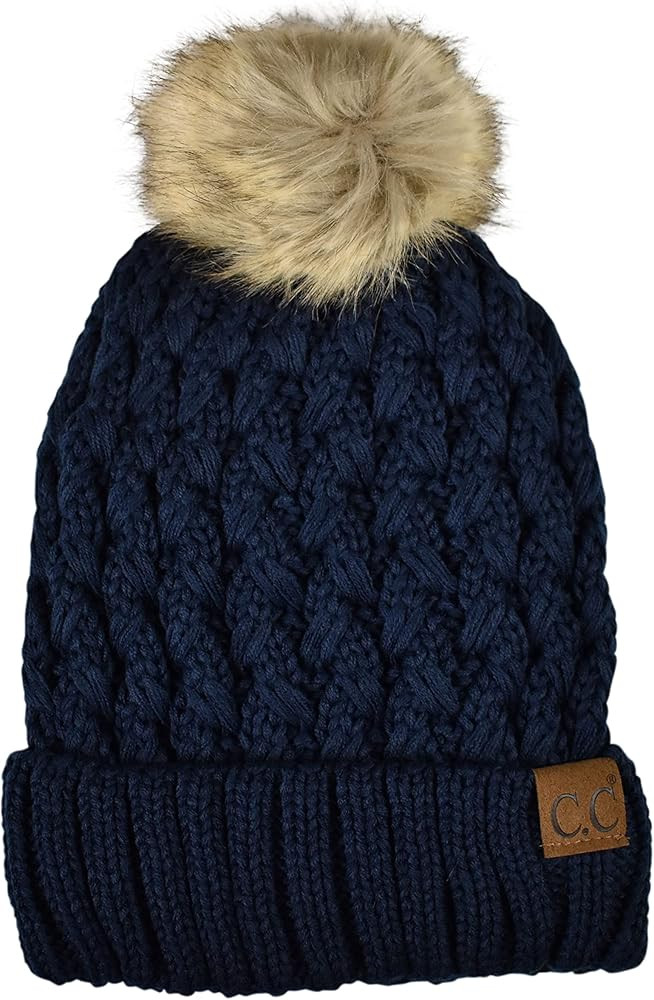 C.C Thick Cable Knit Faux Fuzzy Fur Pom Fleece Lined Skull Cap Cuff Beanie | Amazon (US)