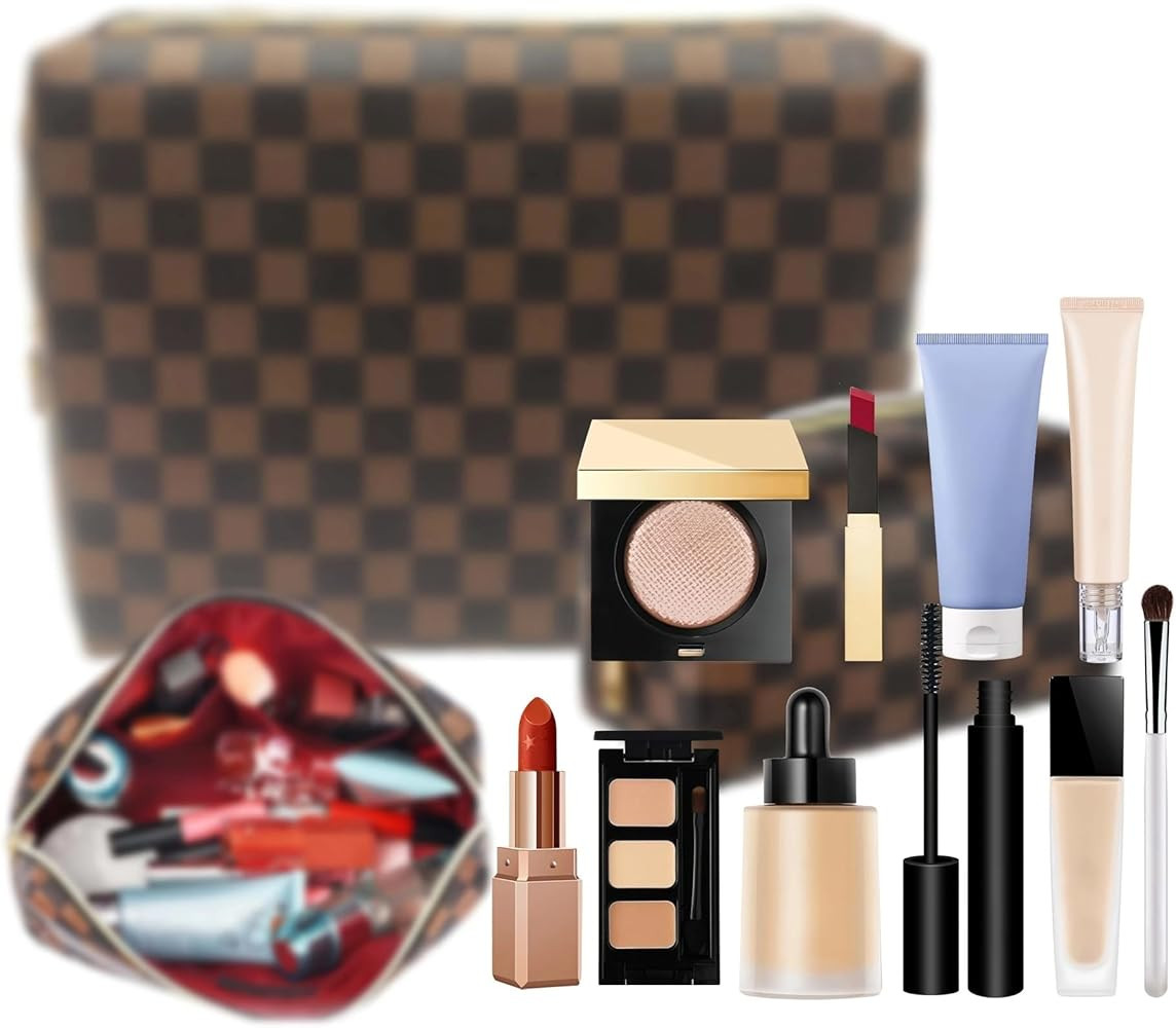 Checkered Makeup Bag, 2 Pcs Portable Leather Cosmetic Bag, Travel Toiletry Bag for Women, PERFECT... | Amazon (US)