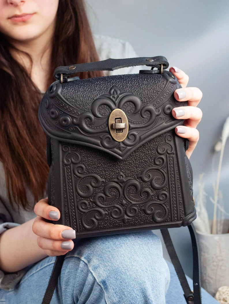 Black Crossbody Bag Boho Crossbody Bag, Black Genuine Leather Bag With Embossed Print, Unique Eth... | Etsy (US)