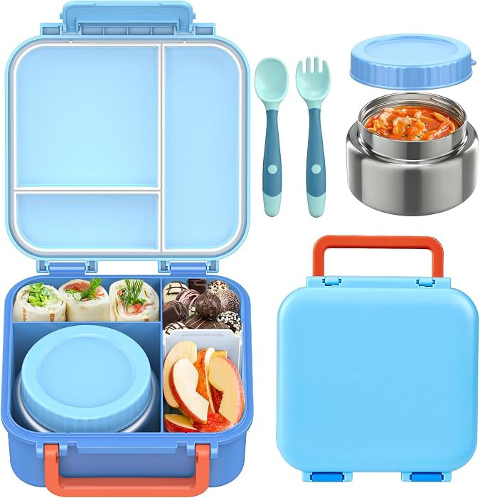 Kids Bento Lunch Box with Soup Thermo (9oz)– Hot & Cold Lunch Container with Leak Proof Insulated Food Jar for School Girls Boys, 3-Compartments, Ideal Size for Ages 3 to 7, Blue | Amazon (US)