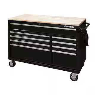 Husky 52 in. W x 25 in. D Standard Duty 9-Drawer Mobile Workbench Tool Chest with Solid Wood Top ... | The Home Depot