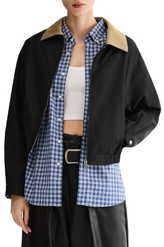 Orolay Women's Cropped Barn Jacket Casual Utility Zip Up Jacket Corduroy Collar Fall Trench Coat Black XX-Large | Amazon (US)