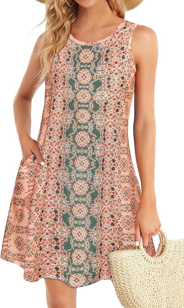 Summer Dresses for Women Beach Boho Sleeveless Vintage Floral Flowy Pocket Tshirt Tank Sundresses | Amazon (US)