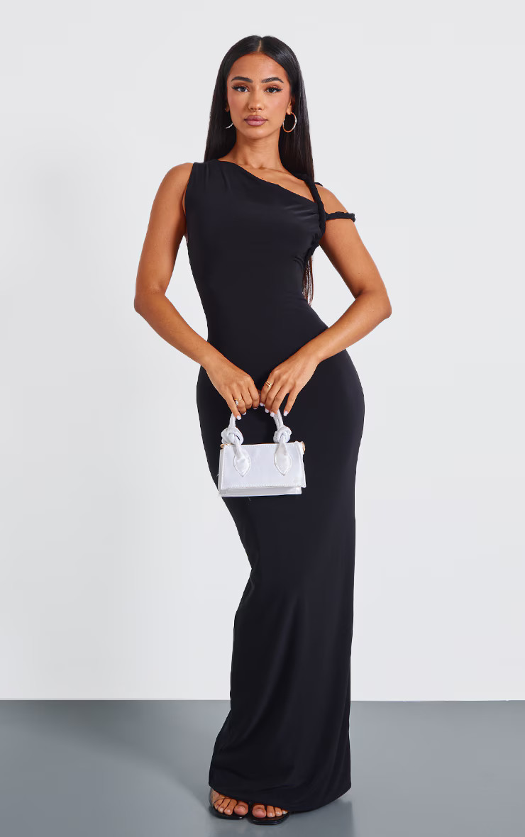 Petite Black Slinky Twist Shoulder Maxi Dress | PrettyLittleThing US