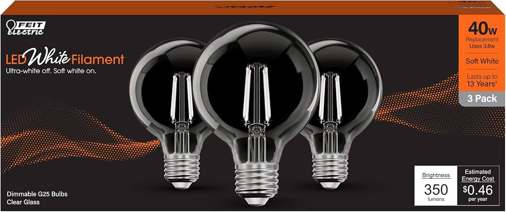 Feit Electric G25 White Filament LED Bulb, 40W Eq, Soft White, 3 Pack | Amazon (US)