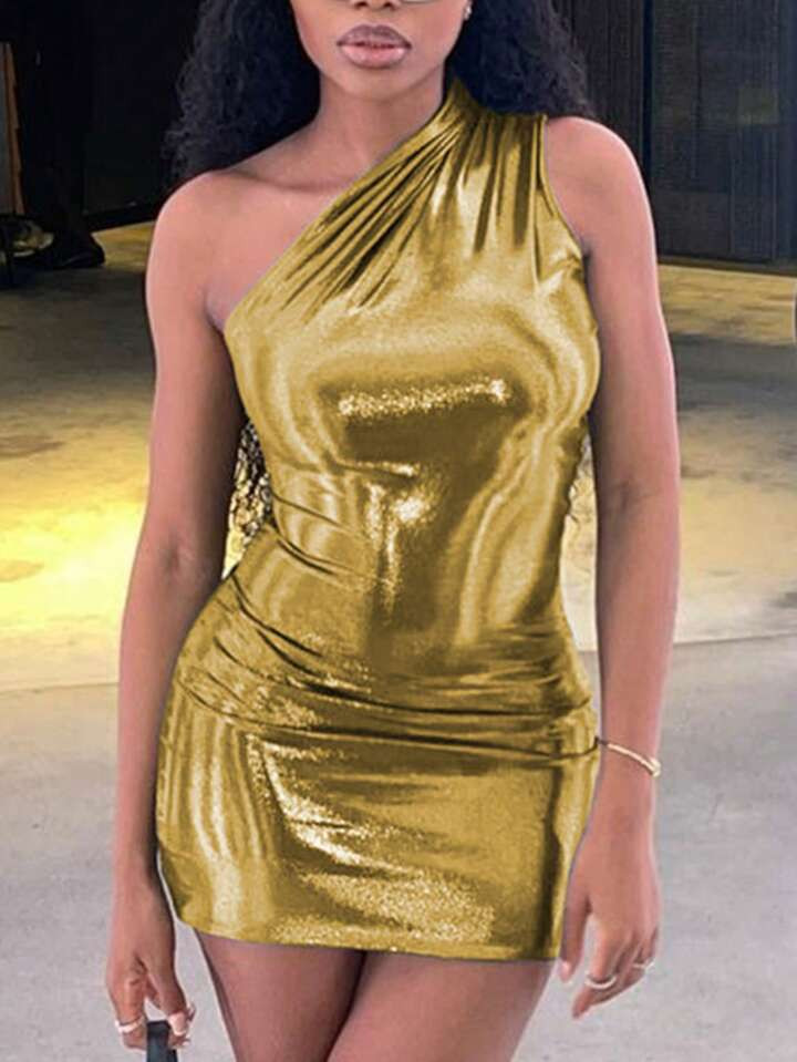 One Shoulder Metallic Bodycon Dress | SHEIN