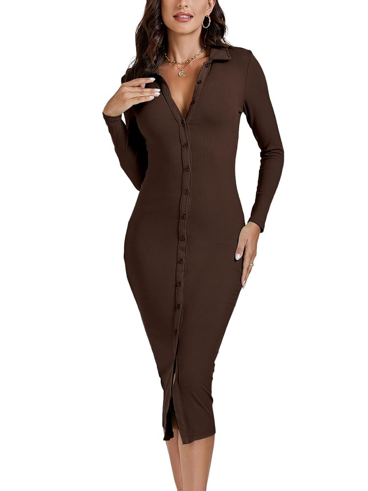 LYANER Women's Casual Ribbed Knit Button Down Collar V Neck Long Sleeve Bodycon Midi Dress | Amazon (US)