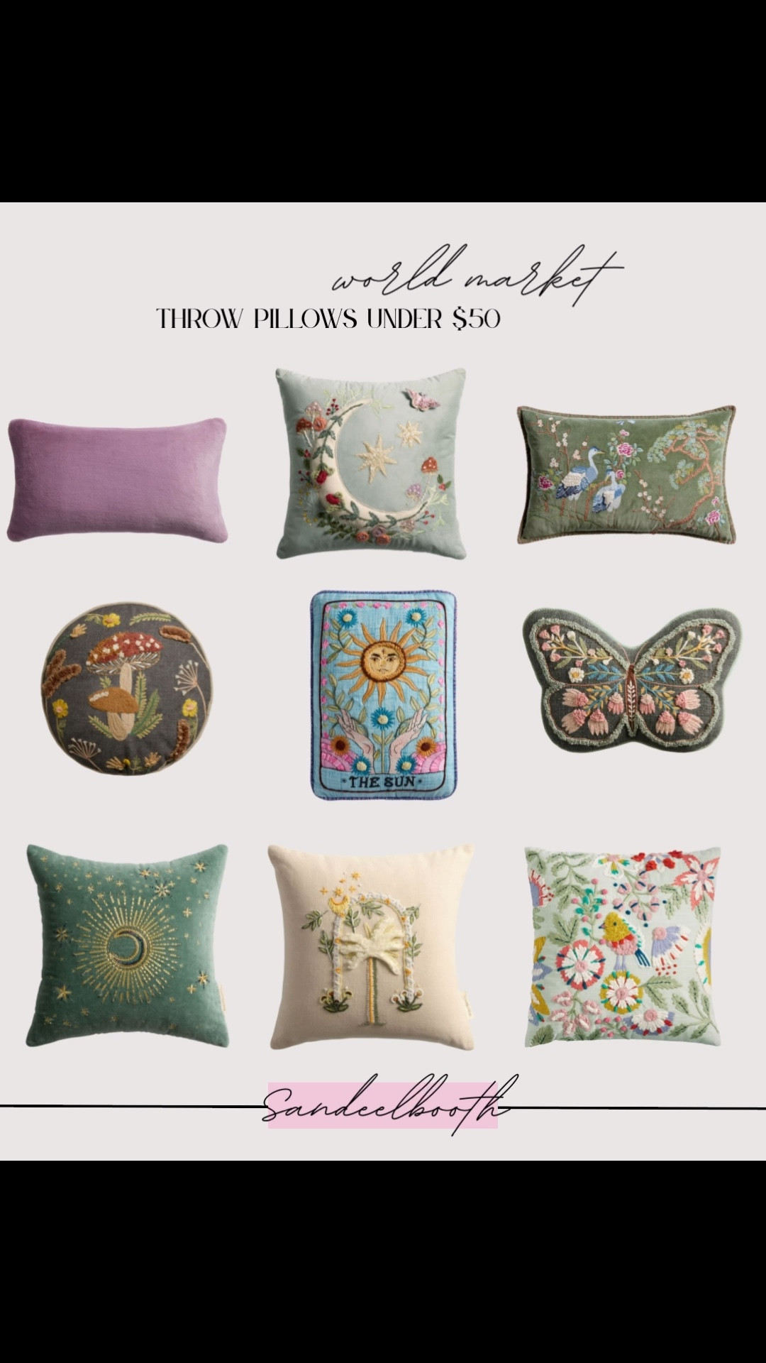 🪡 World Market Throw Pillows — Under $50! 🪡
Looking to add charm, texture, and a little storytelling to your space? These embroidered throw pillows from World Market are the cozy detail your couch, bed, or reading nook has been waiting for. All under $50 and full of personality!

🌙✨ Featured favorites:
	•	Embroidered moons, stars & tarot motifs
	•	Cottagecore mushrooms, butterflies & florals
	•	Bold colors + lush textures
	•	Round, square & lumbar shapes
	•	Affordable + artisan-inspired = the dream combo!

🛋️ Tap to shop these magical World Market pillows + refresh your space on a budget!

#worldmarketfinds #throwpillows #bohodecor #whimsicalhome #ltkhome #budgetdecor #pillowlove #cozycorner #affordablehomedecor #embroideredpillows #under50style #cottagecoredecor

#LTKFindsUnder50 #LTKHome #LTKStyleTip