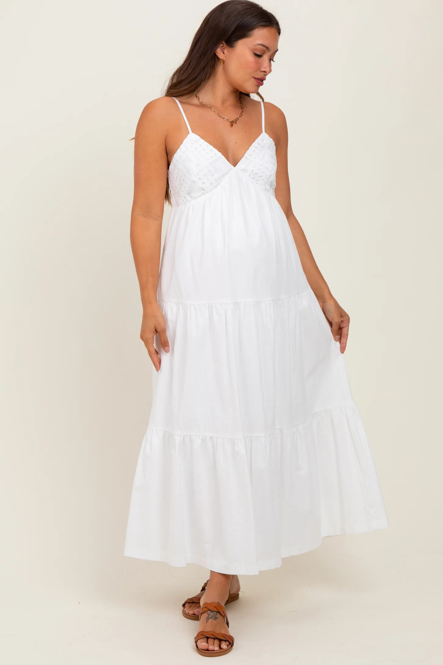 White Crochet Flare Smocked Maternity Maxi Dress | PinkBlush Maternity