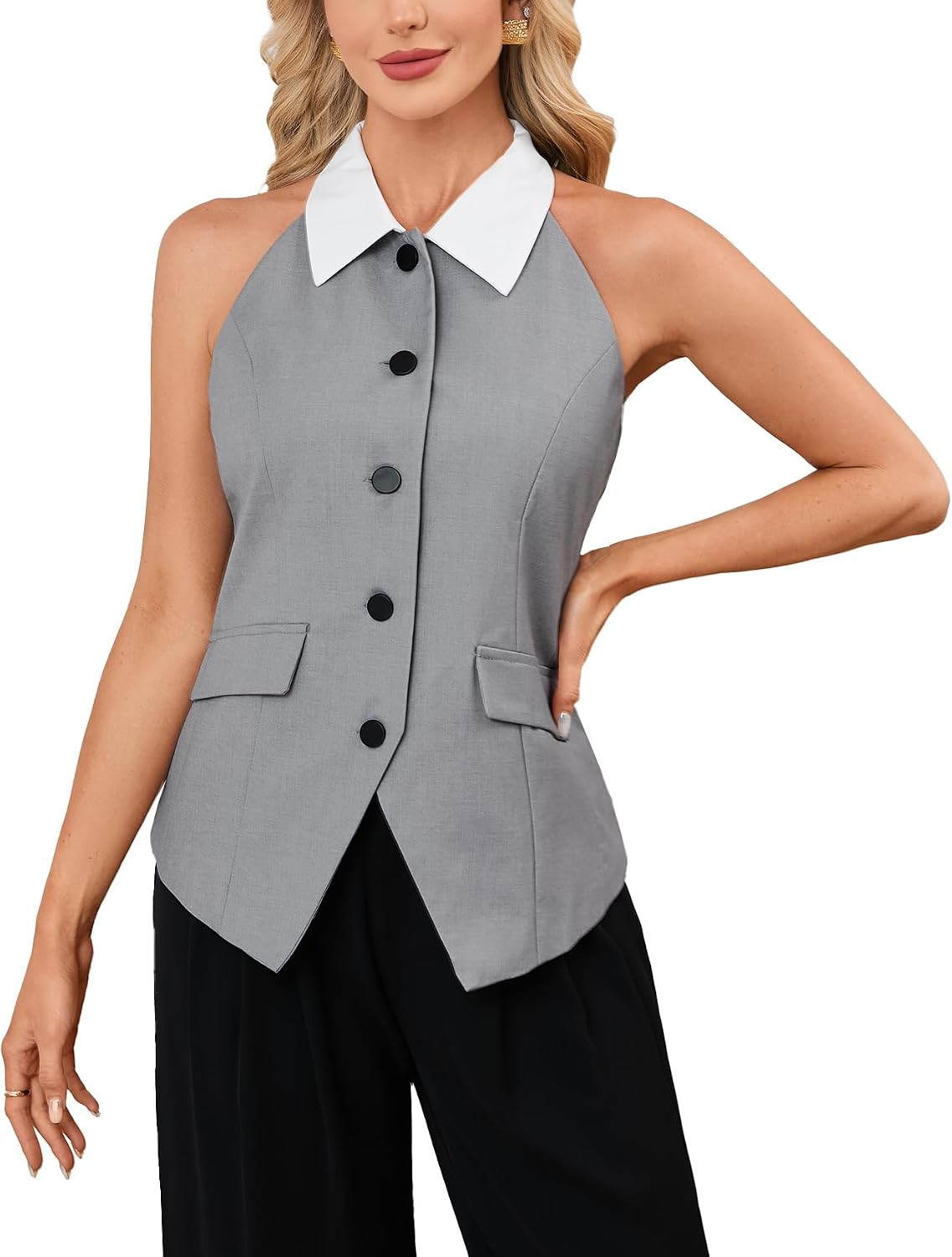 Women's Color Block Halter Neck Vest Button Down Sleeveless Blazer Vest | Amazon (US)