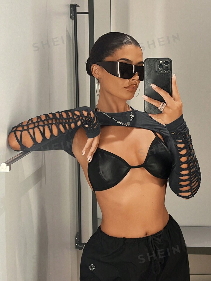 SHEIN ICON Ladies' Hollow Out Sleeve Cold Shoulder Ultra Short Top | SHEIN