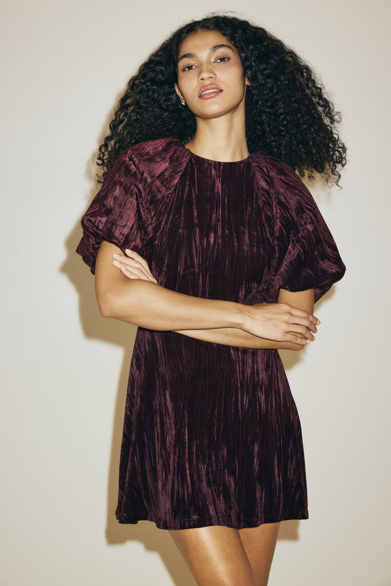 Balloon-sleeved dress - Burgundy - Ladies | H&M GB | H&M (UK, MY, IN, SG, PH, TW, HK)