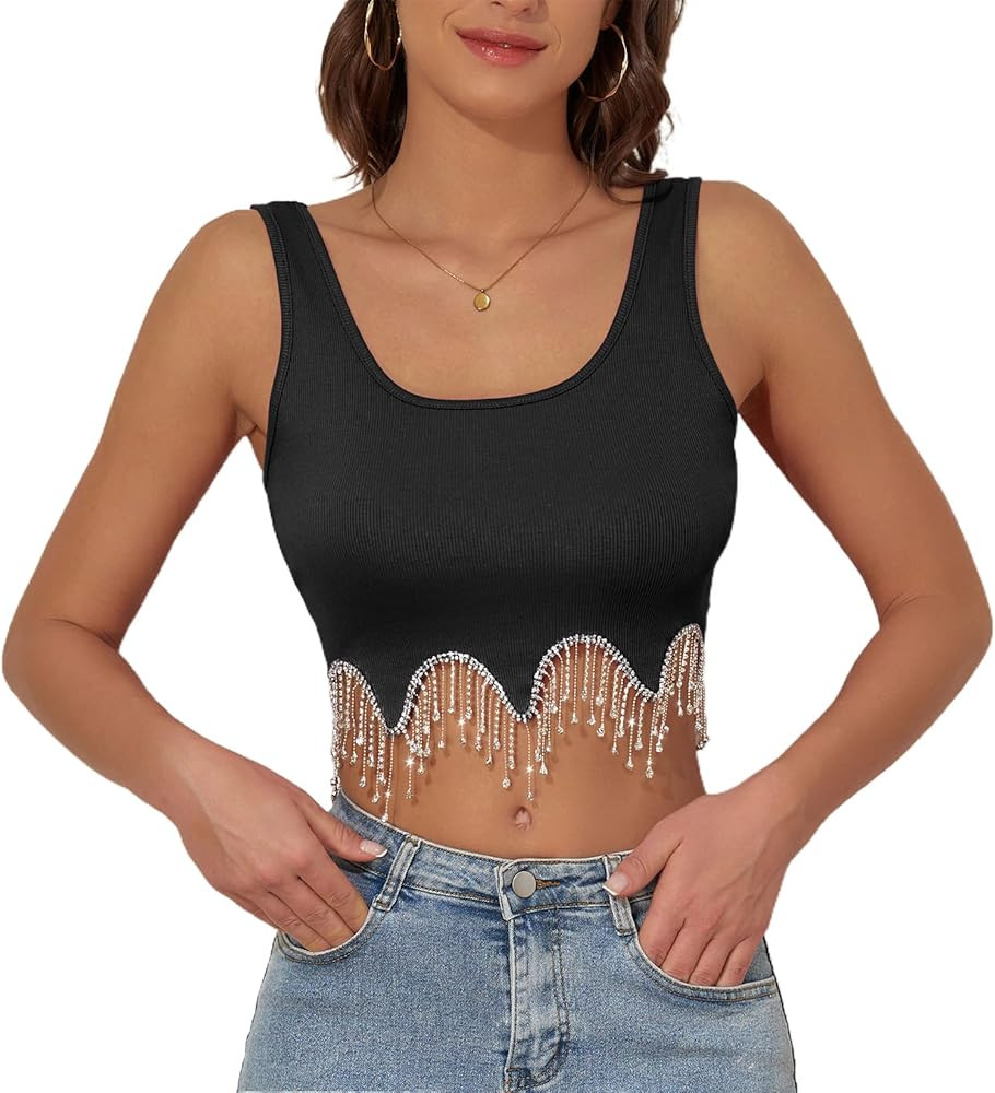 Komorebi Rhinestone Fringe Top Crop Tank Top Rhinestone Top Sequin Top Sparkly Top Sleeveless Tan... | Amazon (US)