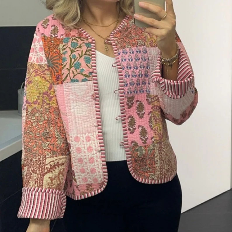 Quilted Bomber Women Jacket, Women Winter Coat Fashion, Handmade Cotton Patchwork Pink racket, | Etsy (US)