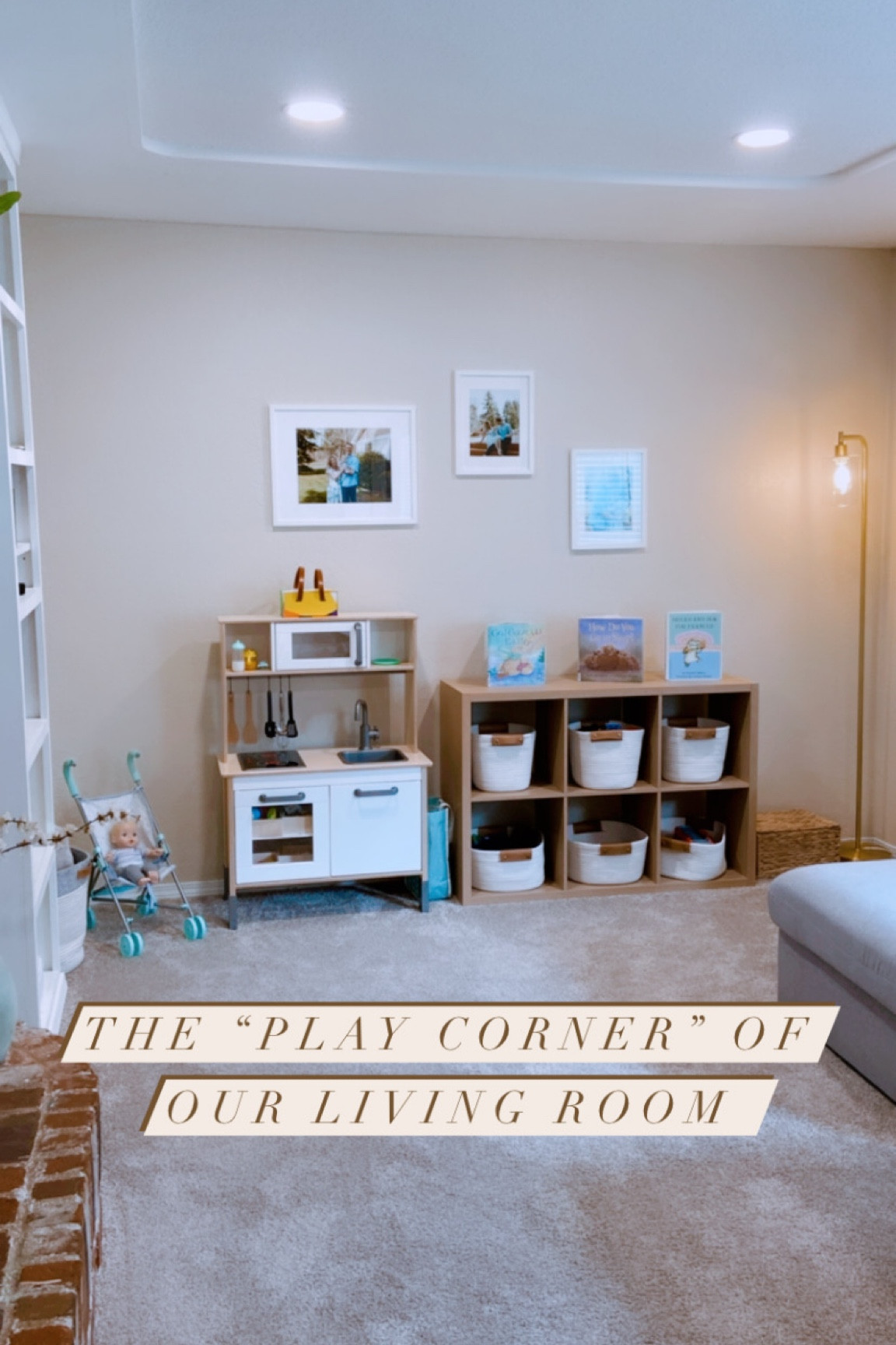 Noah is so excited about our new play space in our living room! Because baby #2 is on the way and his current playroom will be converted into the baby’s room, we decided to create a play space in the living room for him and his future sibling to use and enjoy. I’m super happy with how it turned out! 