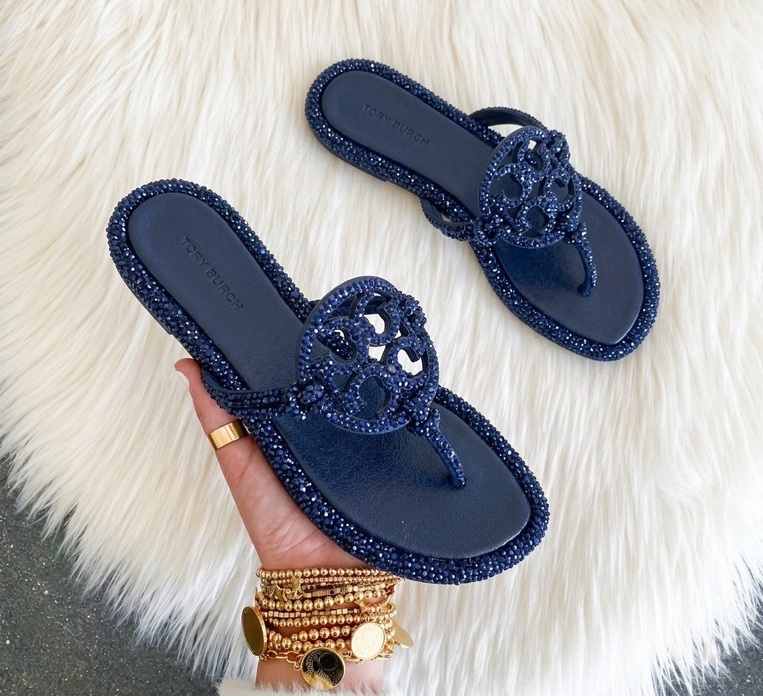 Tory Burch miller pave knotted sandals come in over ten colors. I go up a 1/2 size