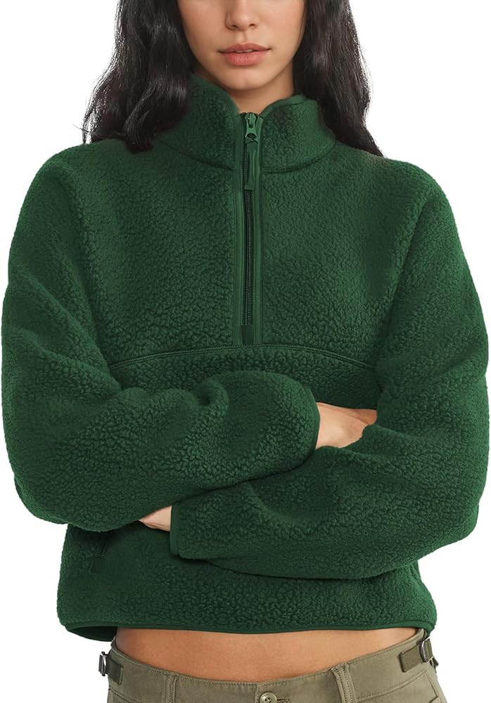 Womens Fleece Sweatshirts Cropped Half Zip Fuzzy Warm Sherpa Pullover Varsity Jackets with Zipper... | Amazon (US)