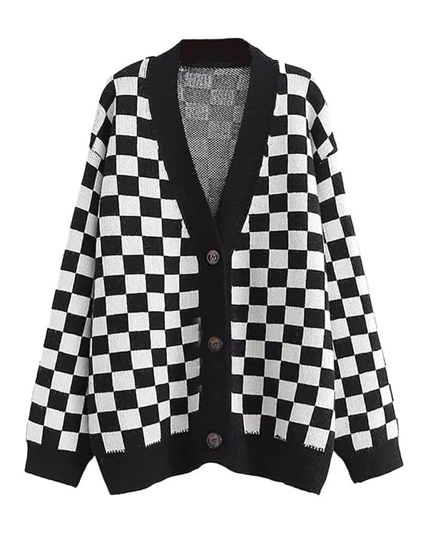 CORIRESHA Women's Fall Checkered Long Sleeve Cardigan Sweet Cute Cozy Knit Sweater Coat | Amazon (US)