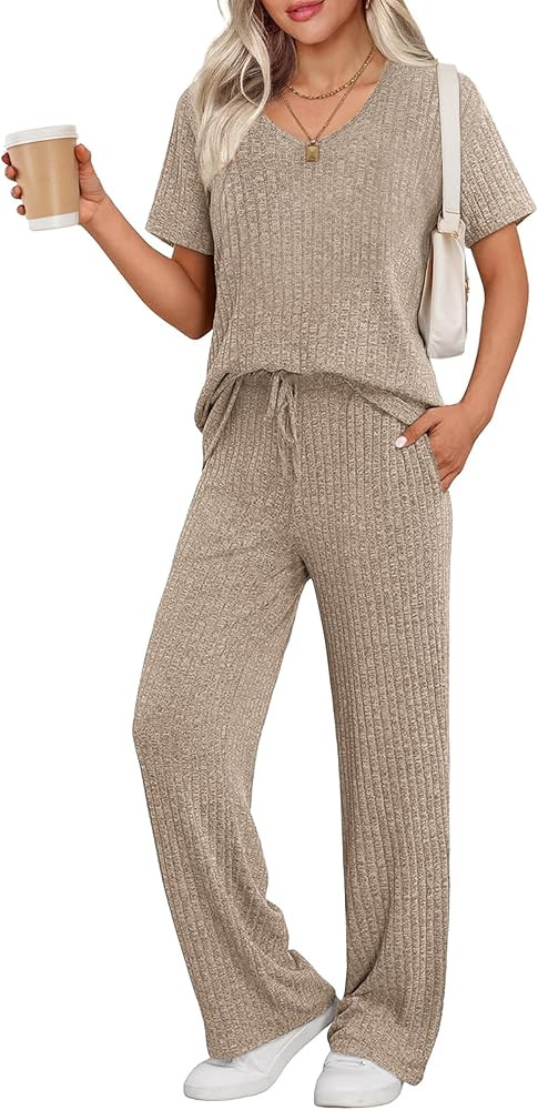 Ekouaer Womens Ribbed Knit Lounge Set Short Sleeve Top and Long Pants Sleepwear Pajama Set Two Pi... | Amazon (US)