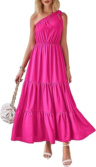 PRETTYGARDEN Women's Summer Floral One Shoulder Maxi Dress Knot Ruffle Boho Beach Vacation Weddin... | Amazon (US)