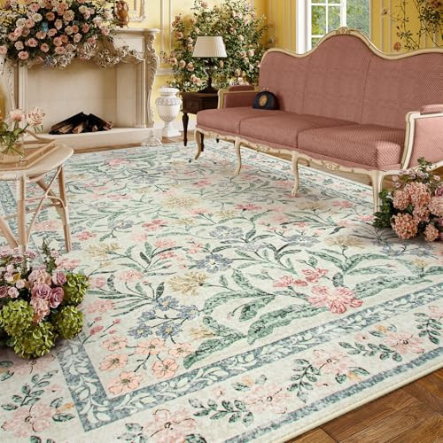 Lahome Boho Washable Girls Bedroom Rugs 9x12, Beige Cream Floral Large Area Rugs for Bedroom, Soft Non-Slip Thin Carpet for Nursery Kids Playroom Dining Room Home, Beige | Amazon (US)
