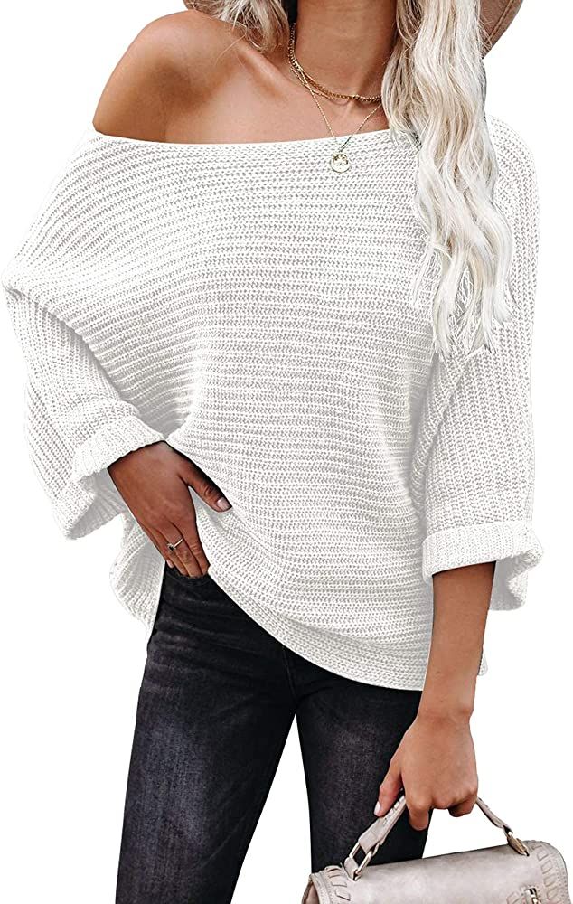KIRUNDO Women's Off Shoulder Sweaters Batwing 3/4 Sleeves Casual Loose Fit Solid Pullovers Knit Jump | Amazon (US)