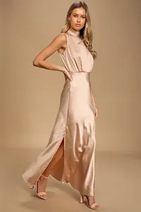 Classic Elegance Blush Satin Sleeveless Mock Neck Maxi Dress | Lulus (US)