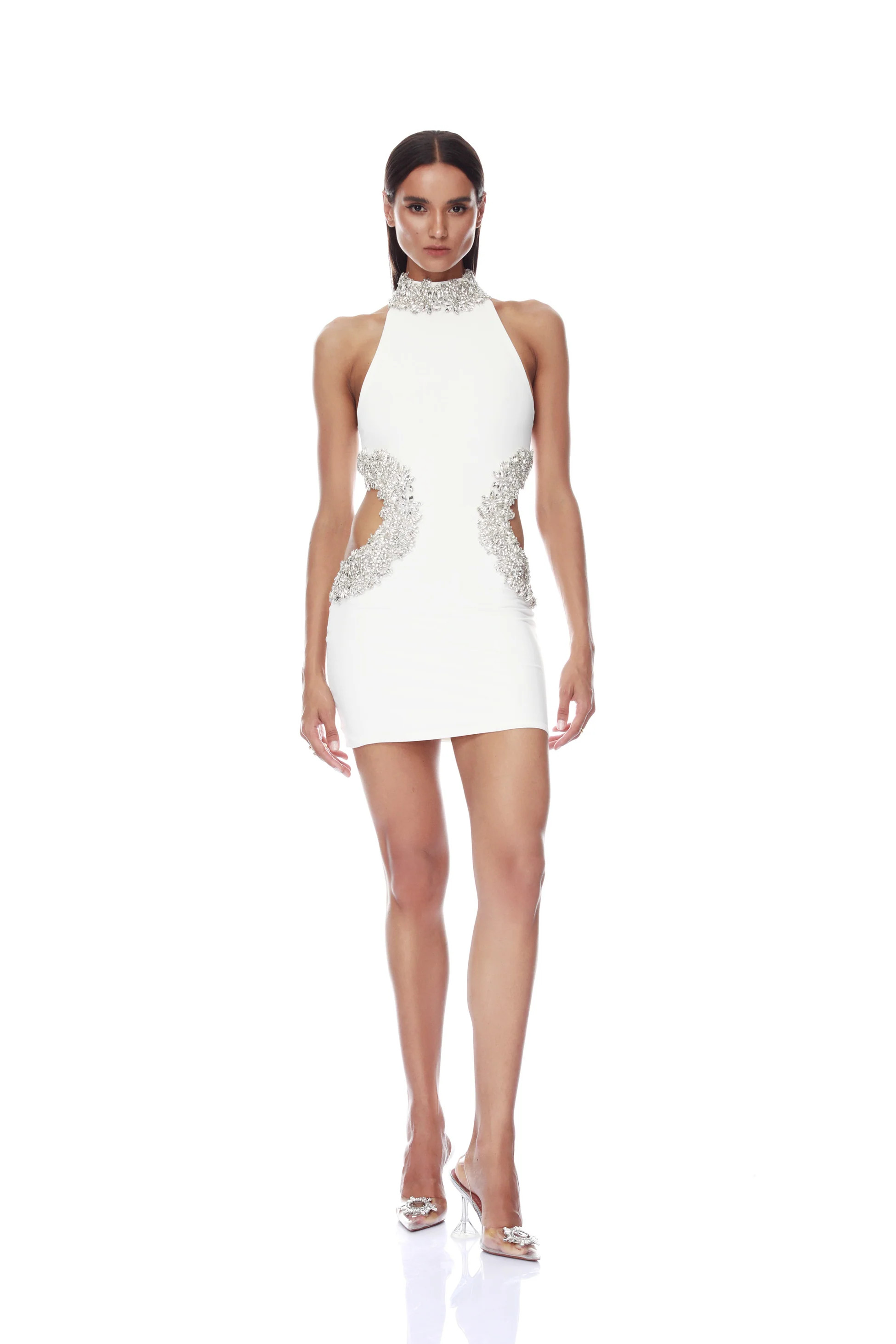 Camila White Rhinestone Cutout Mini Dress | Bronx and Banco