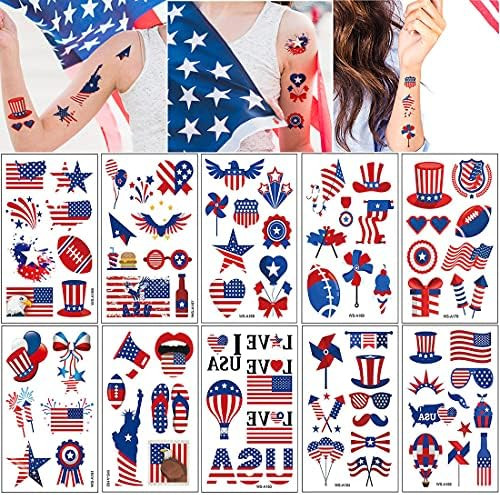 10 Sheets Independence Day Temporary Tattoos Stickers Fourth of July Blue Red Strips and Stars Fa... | Amazon (US)