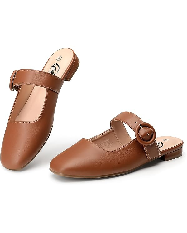 Trary Mules for Woman Mary Jane Flat Shoes Slip on Comfortable Backless Loafers Flats Square Toe ... | Amazon (US)