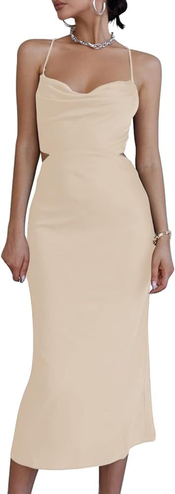 LYANER Women's Satin Cowl Neck Straps Slip Sexy Cut Out Cocktail Midi Dress | Amazon (US)