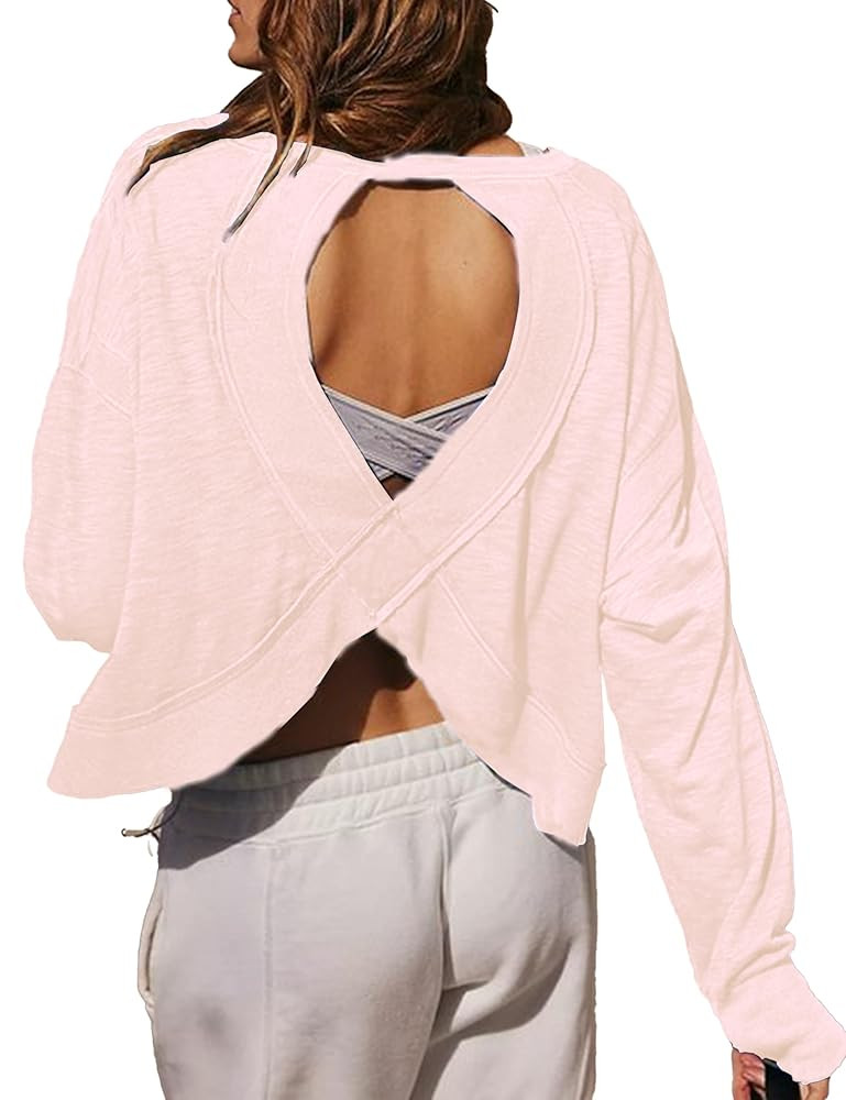 Women's Open Back Workout Crop Top Long Sleeve Casual Athletic Shirts Yoga Tee | Amazon (US)
