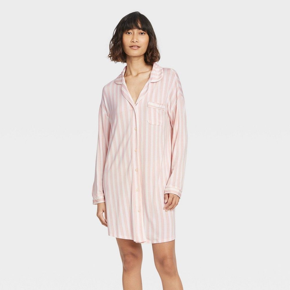 Women's Striped Beautifully Soft Notch Collar Nightgown - Stars Above Pink XXL | Target